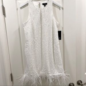 Aidan Mattox hand sequined trapeze halter dress with feather trim in ivory